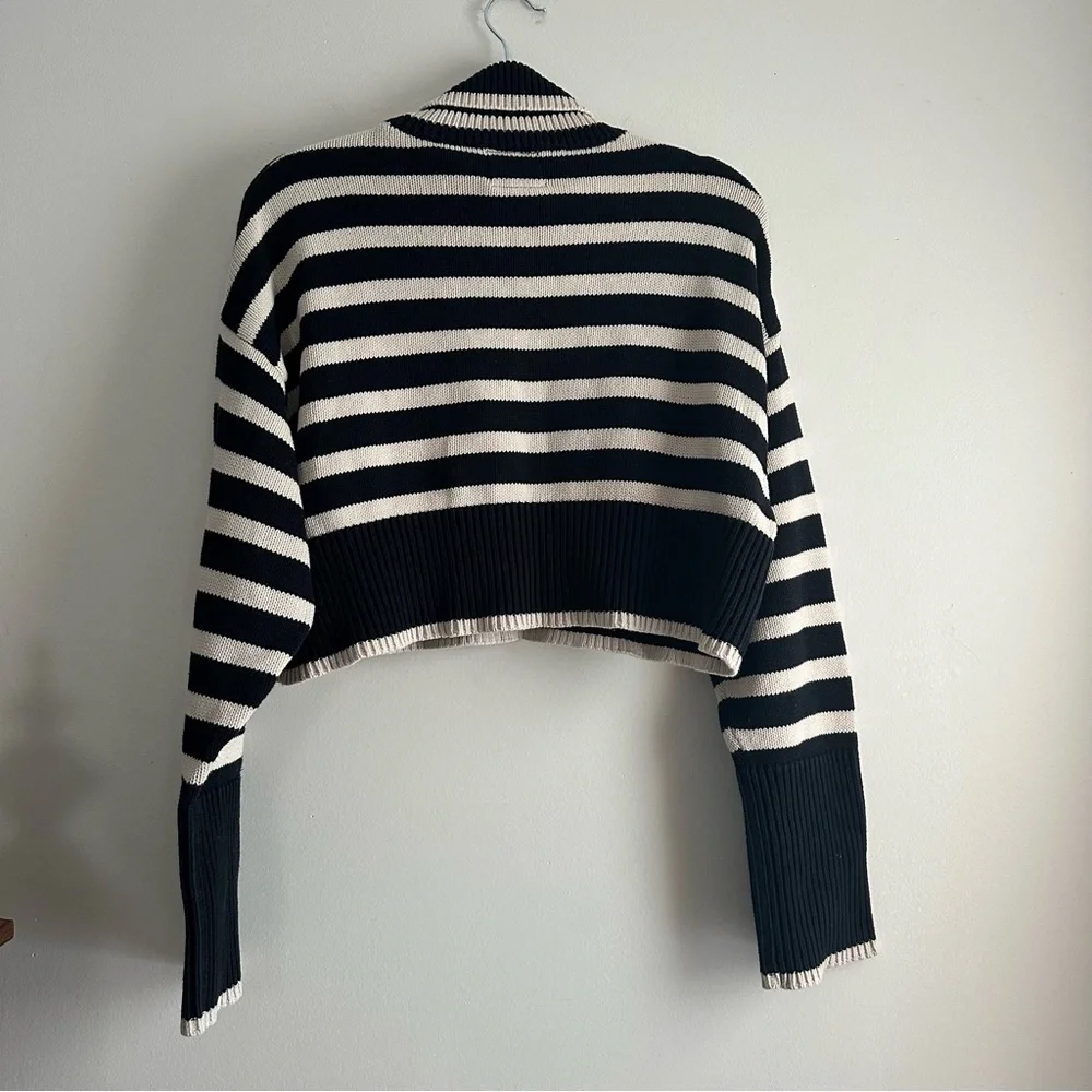 Denimist Cropped Sailor Stripe Turtleneck Sweater in Black/Tan - Picture 8 of 11